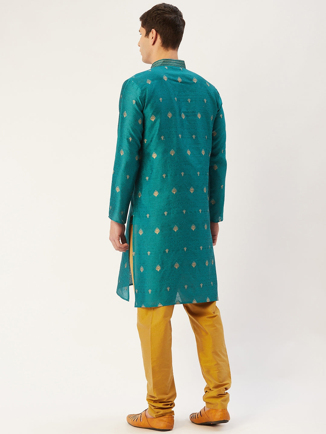 Jompers Men's Teal Coller Embroidered Woven Design Kurta Only