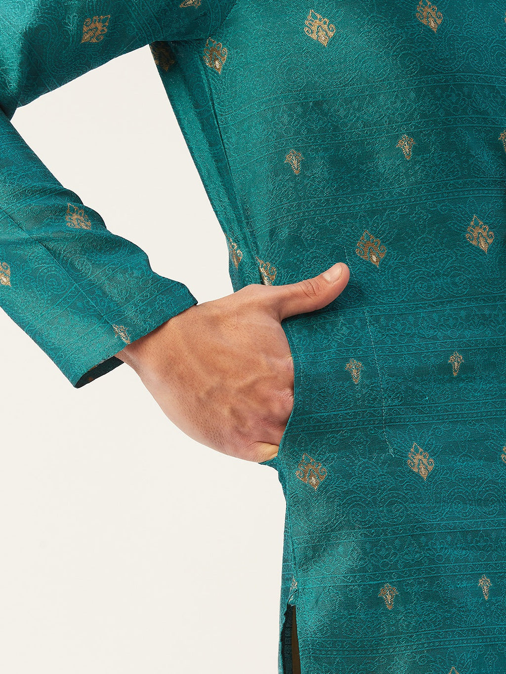 Jompers Men's Teal Coller Embroidered Woven Design Kurta Pyjama
