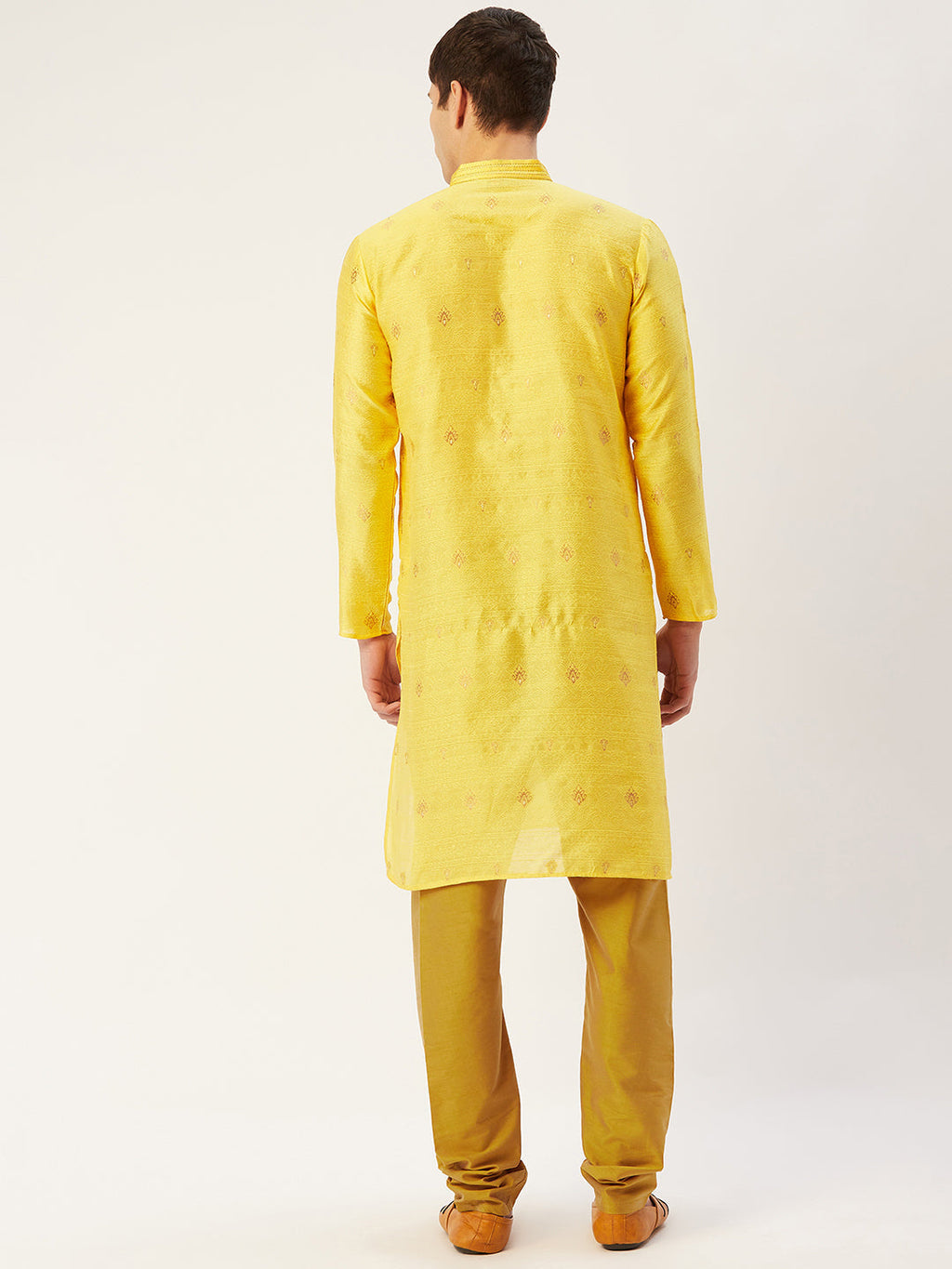 Jompers Men's Yellow Coller Embroidered Woven Design Kurta Only