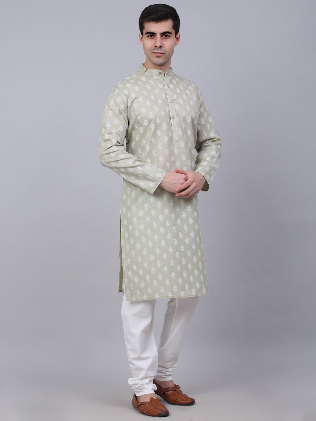 Jompers Men's Cotton Floral printed kurta Pyjama Set - Grey