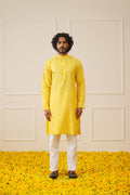 Jompers Men's Cotton Floral printed kurta Pyjama Set - Lemon