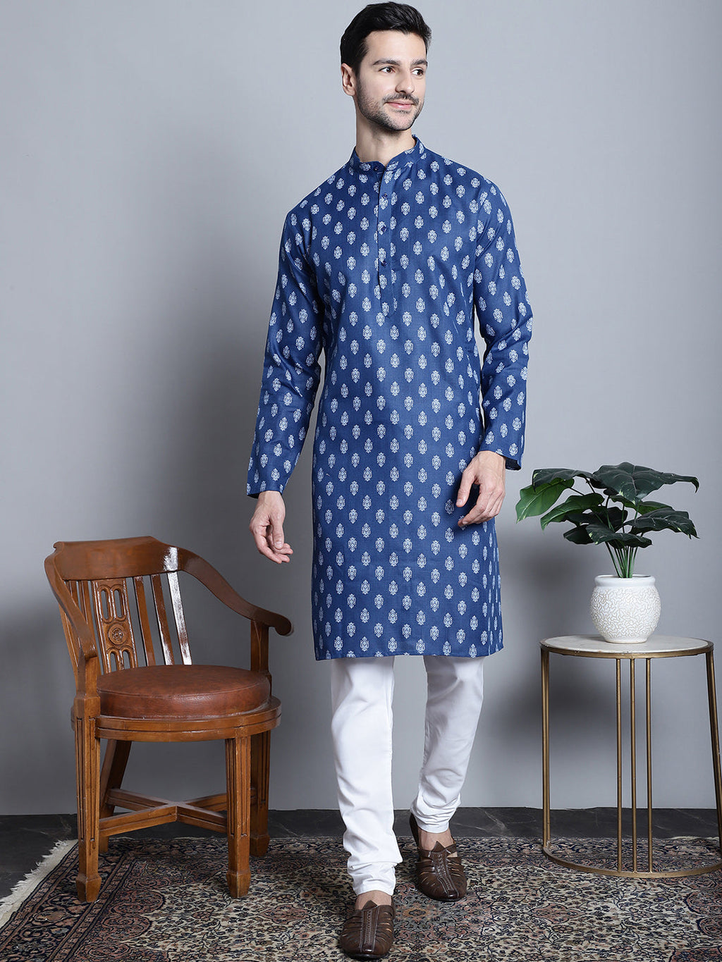 Jompers Men's Cotton Floral printed kurta Pyjama - Navy Blue