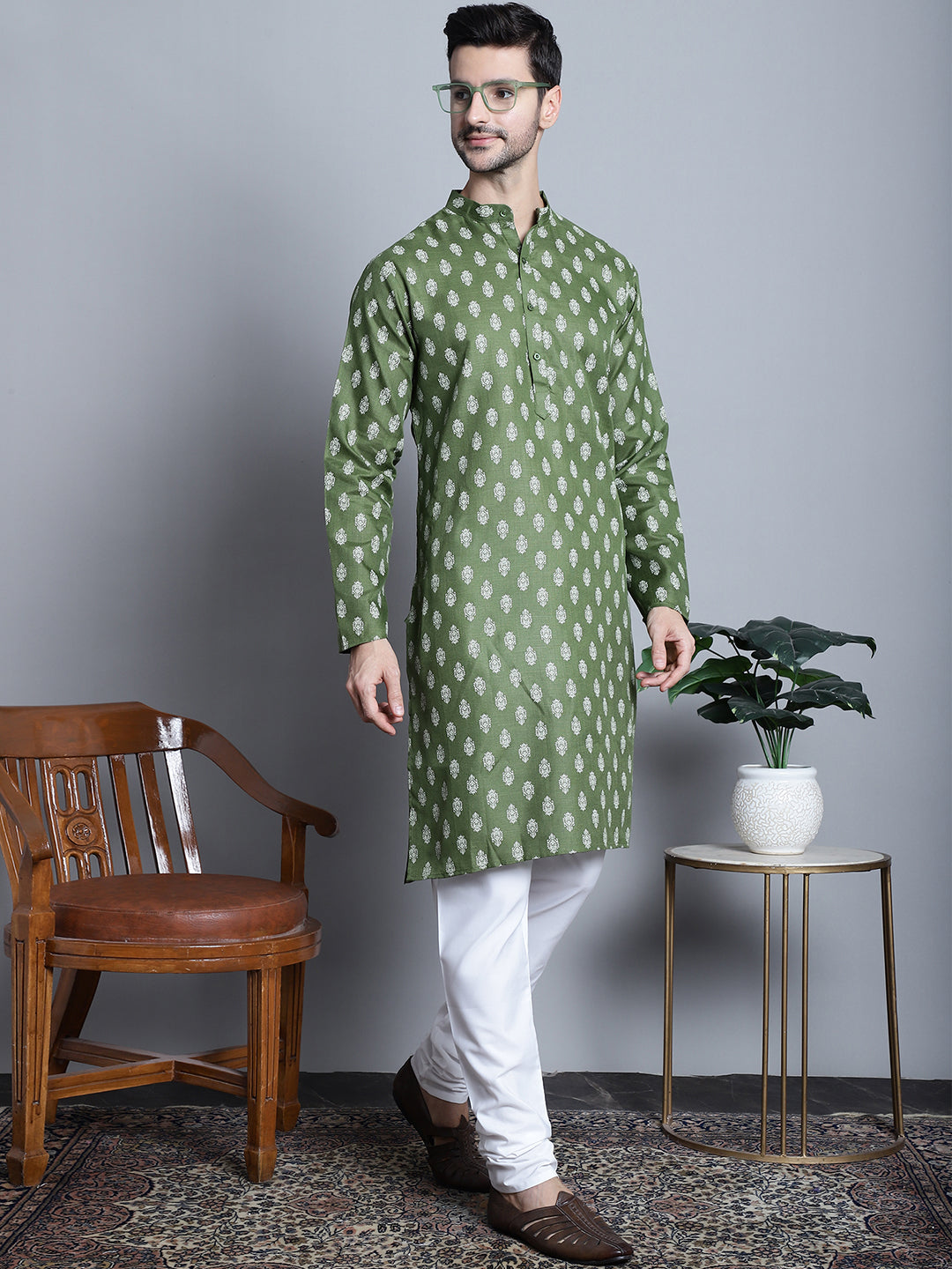 Jompers Men's Cotton Floral printed kurta Pyjama - Olive