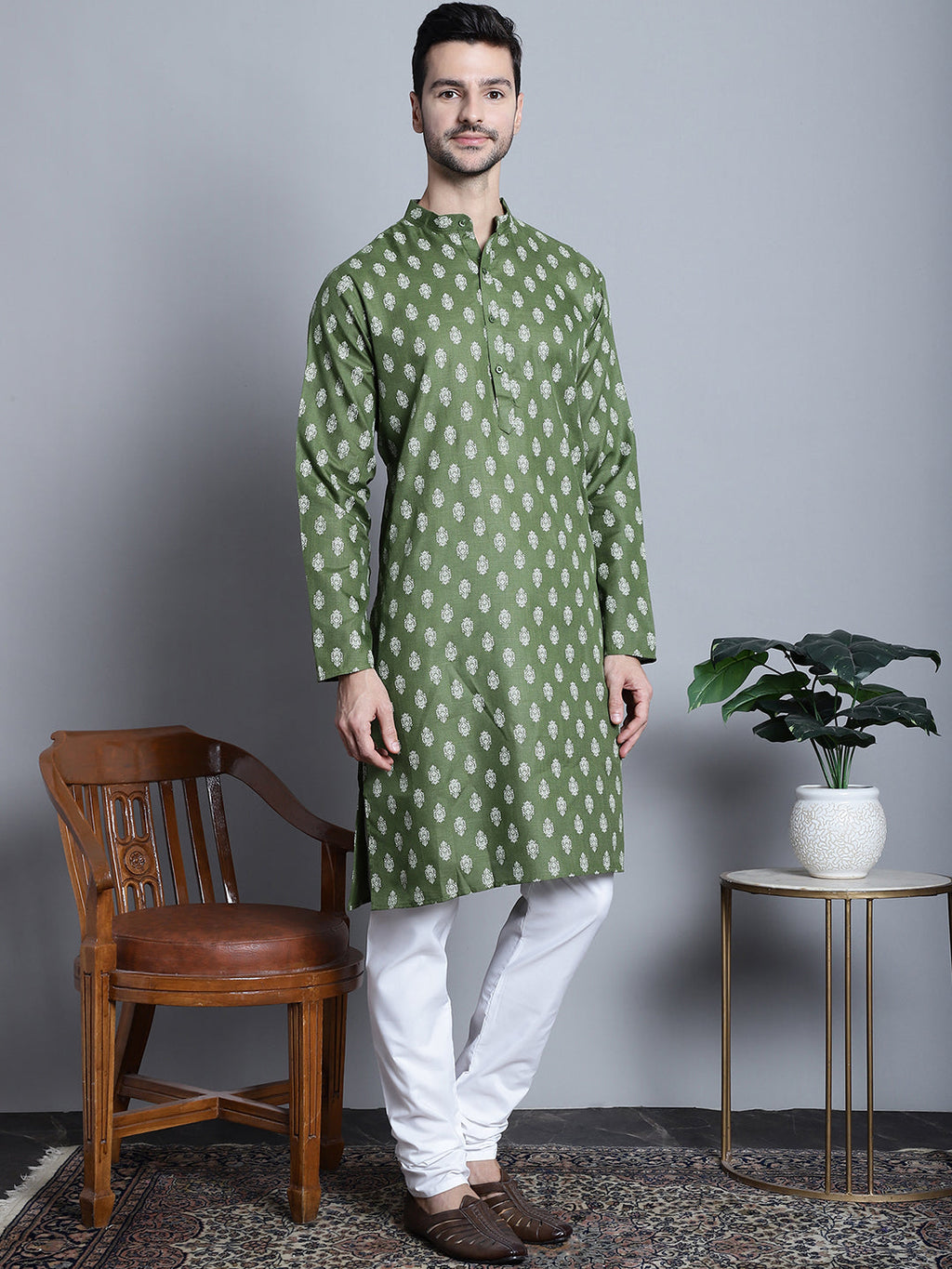 Jompers Men's Cotton Floral printed kurta Pyjama - Olive
