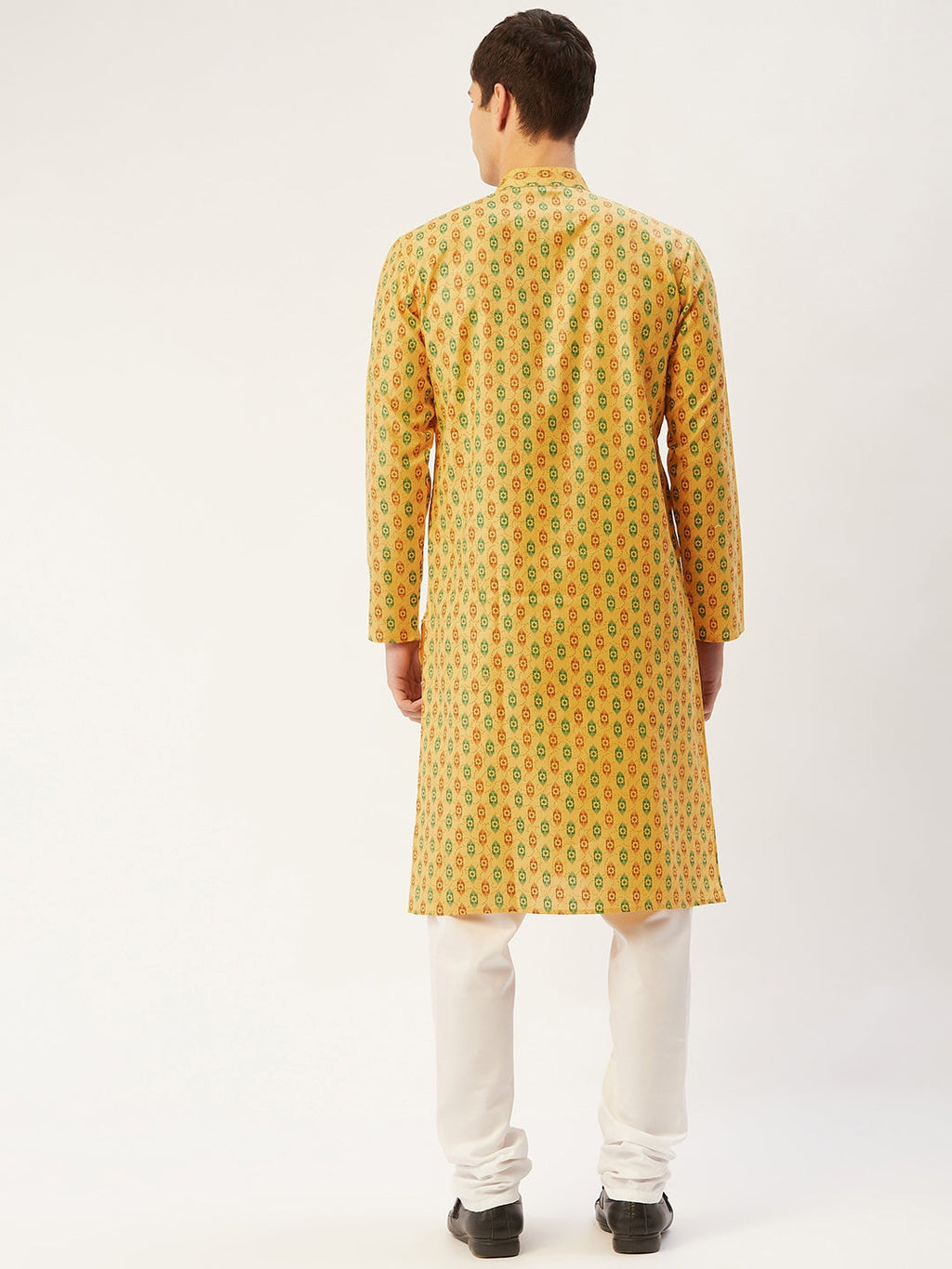 Jompers Men's Mustard Cotton Ikat printed kurta Only