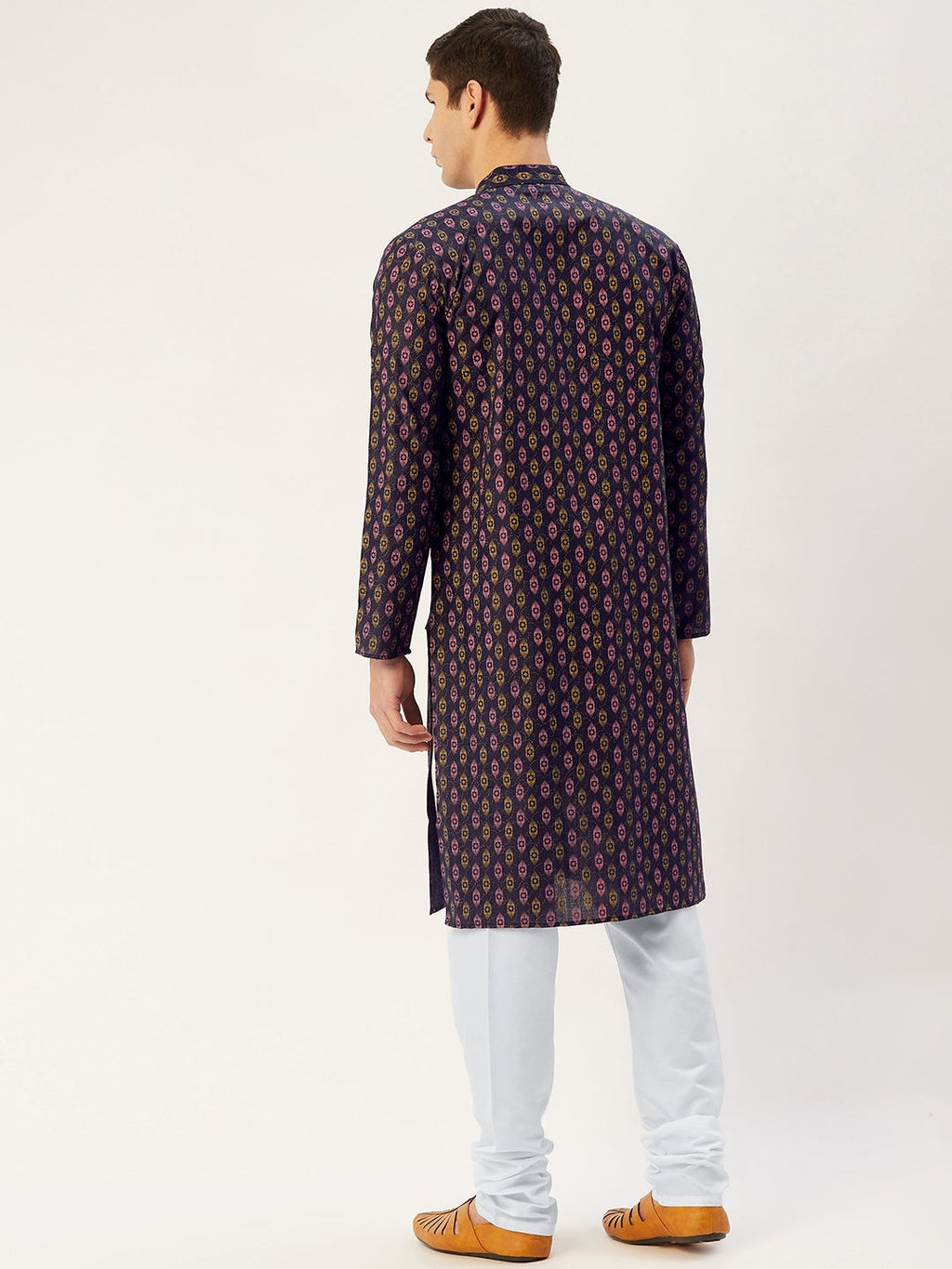 Jompers Men's Navy Cotton Ikat printed kurta Only