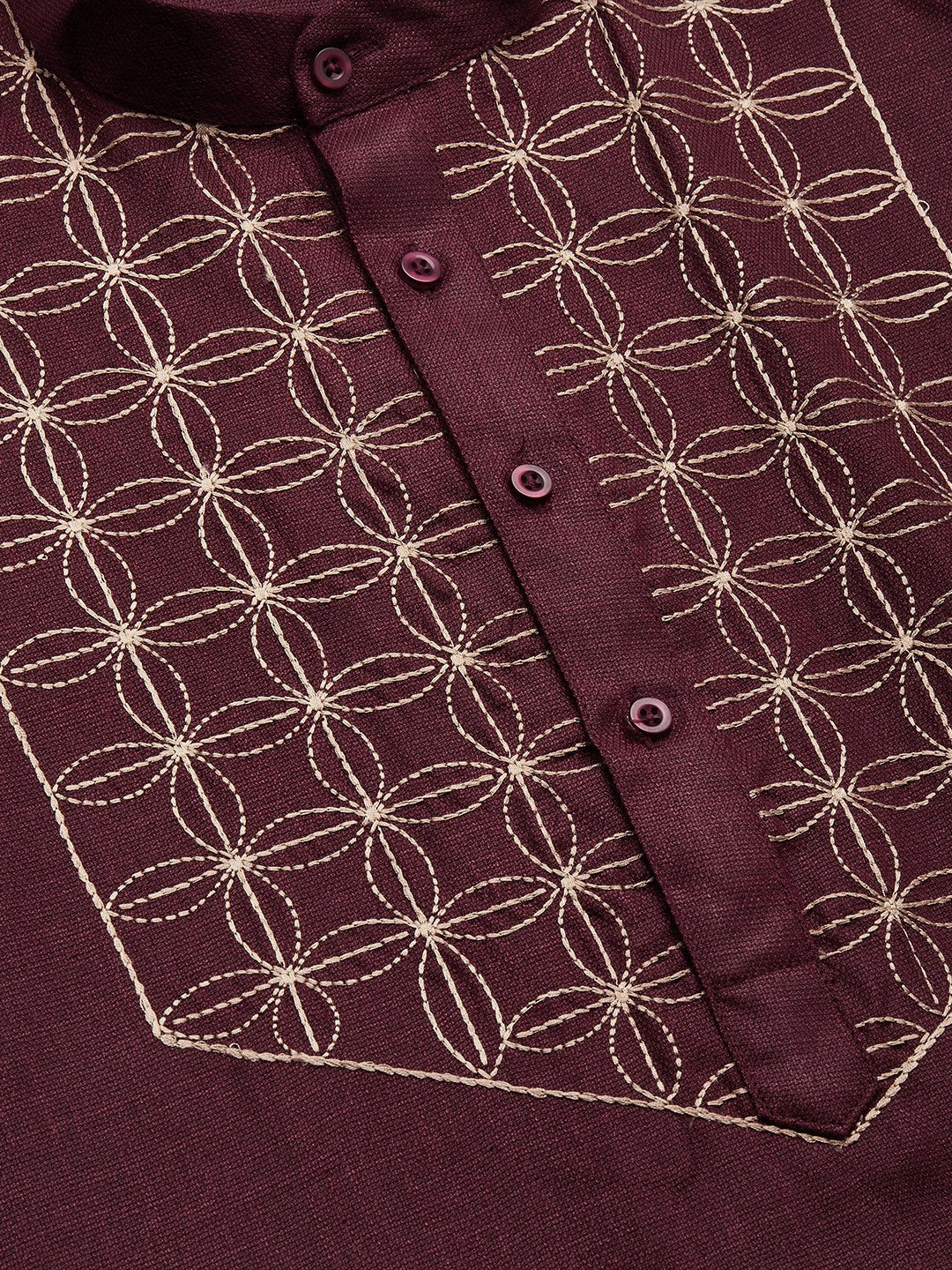 Jompers Men's Maroon Cotton Embroidered Kurta Only
