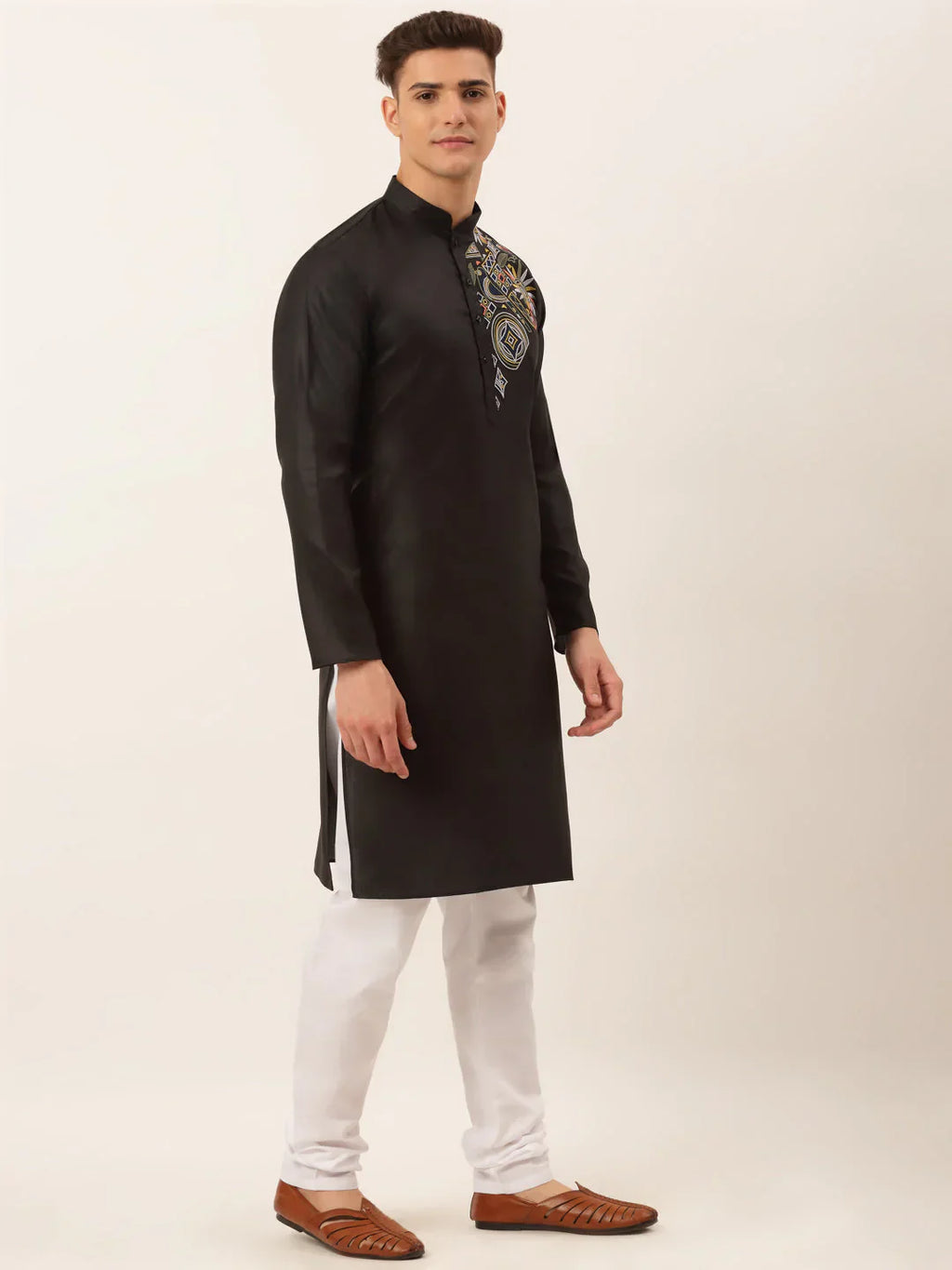 Jompers Men's Cotton Embroidered Kurta Pajama Sets - Black