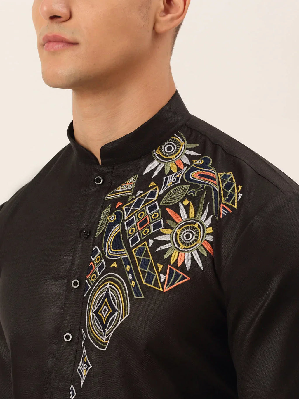 Jompers Men's Cotton Embroidered Kurta Pajama Sets - Black