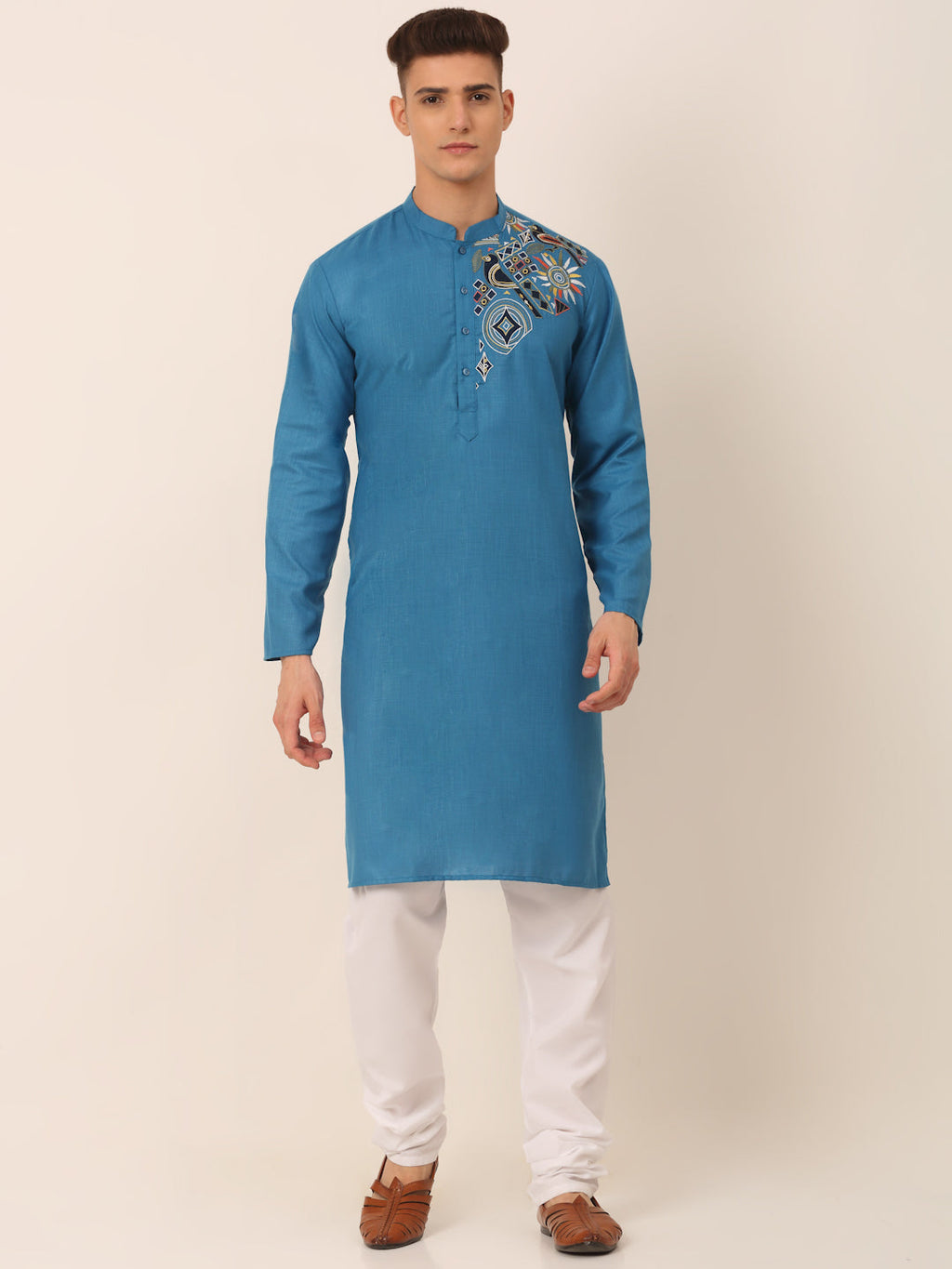 Jompers Men's Cotton Embroidered Kurta Pajama Sets - Peacock