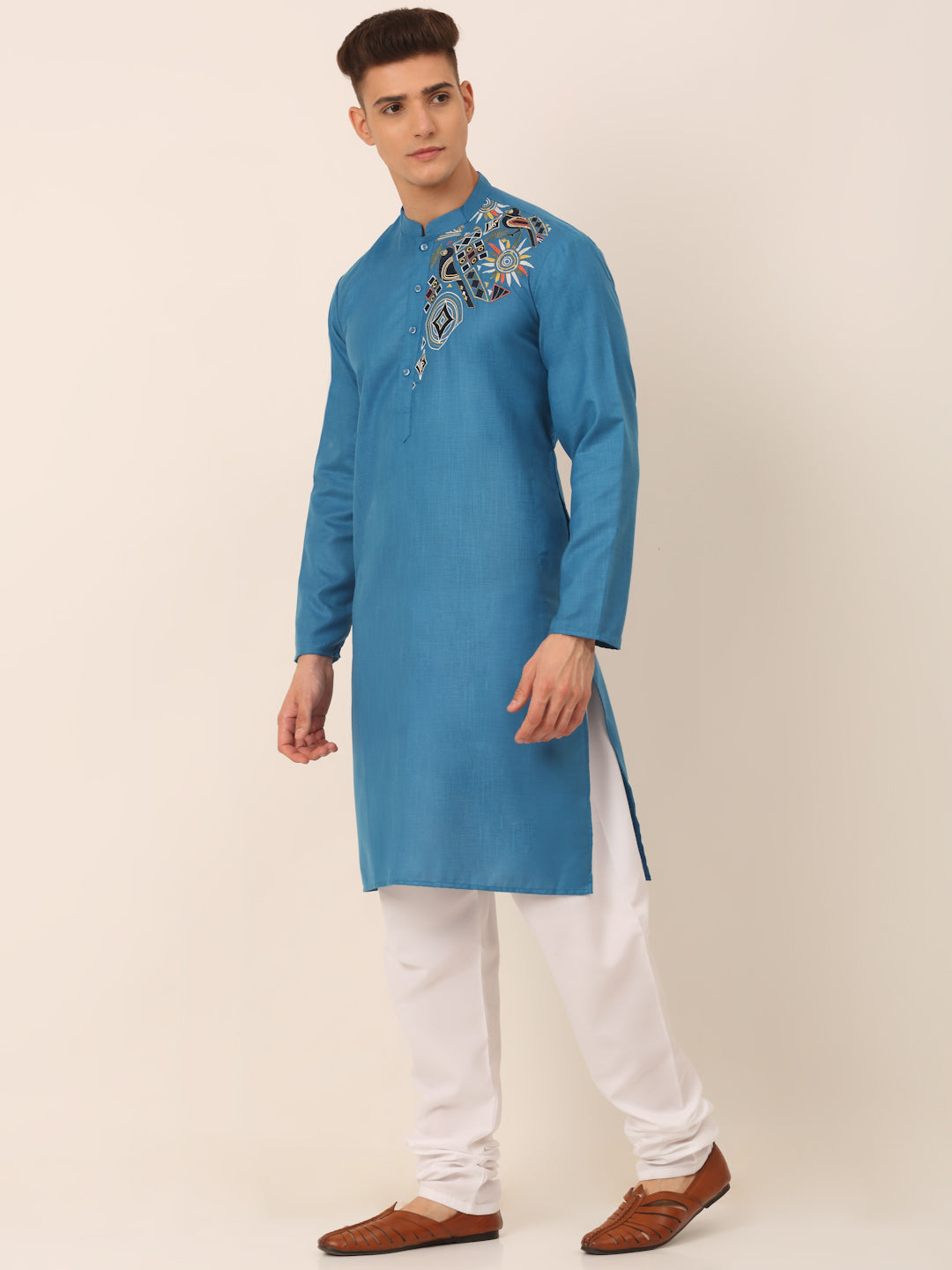 Jompers Men's Cotton Embroidered Kurta Pajama Sets - Peacock