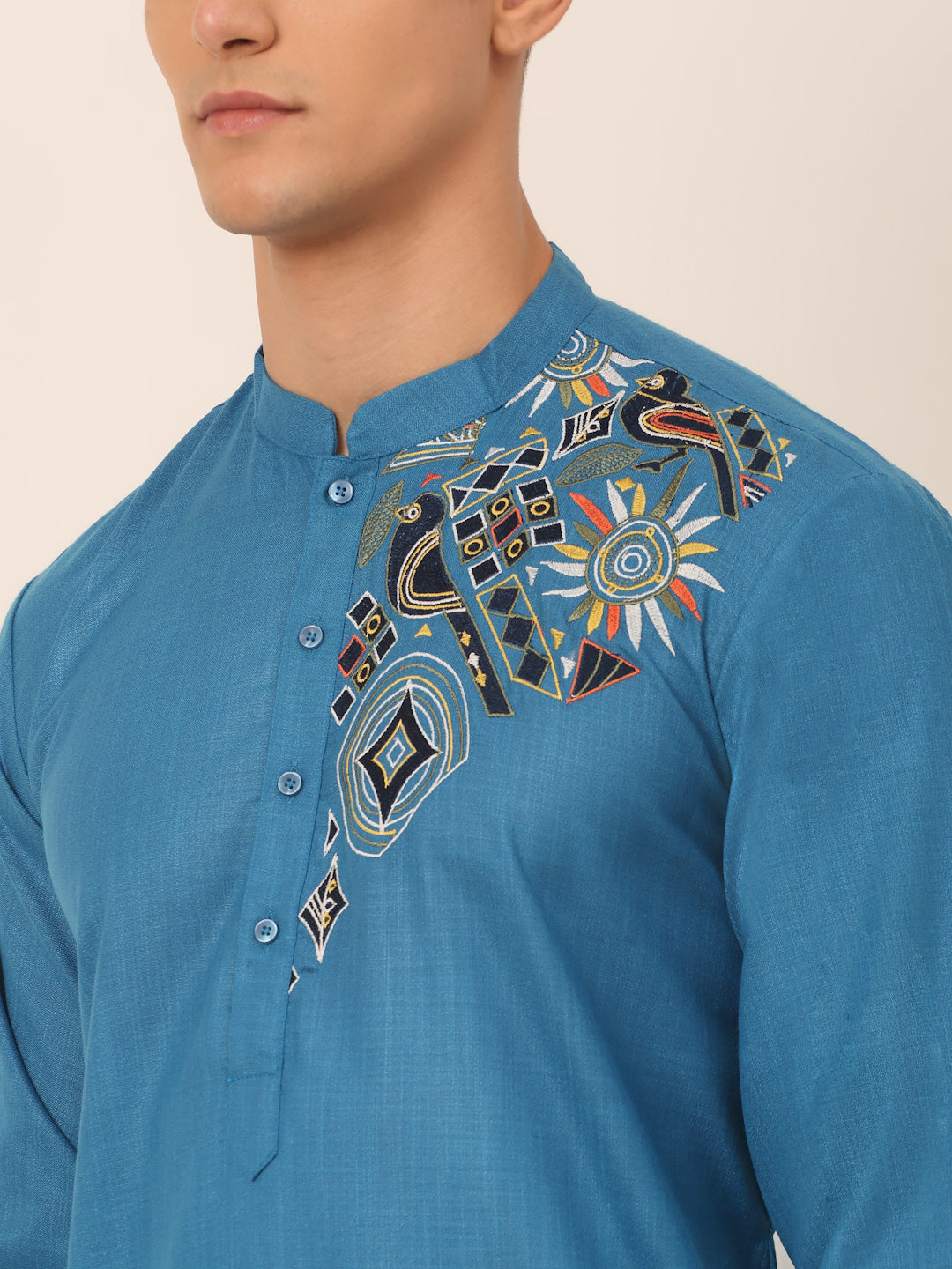 Jompers Men's Cotton Embroidered Kurta Pajama Sets - Peacock