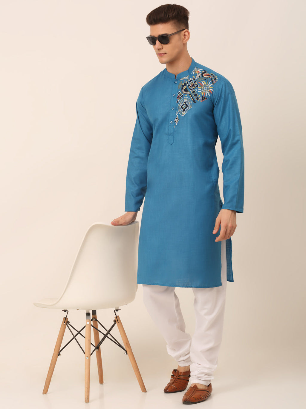 Jompers Men's Cotton Embroidered Kurta Pajama Sets - Peacock