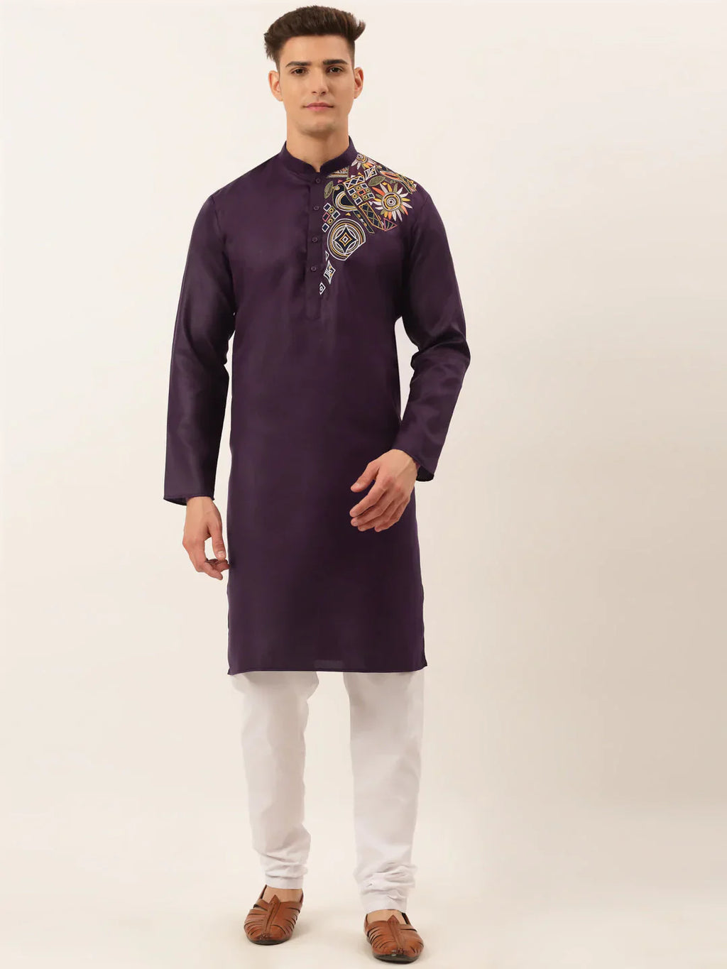 Jompers Men's Cotton Embroidered Kurta Pajama Sets - Purple