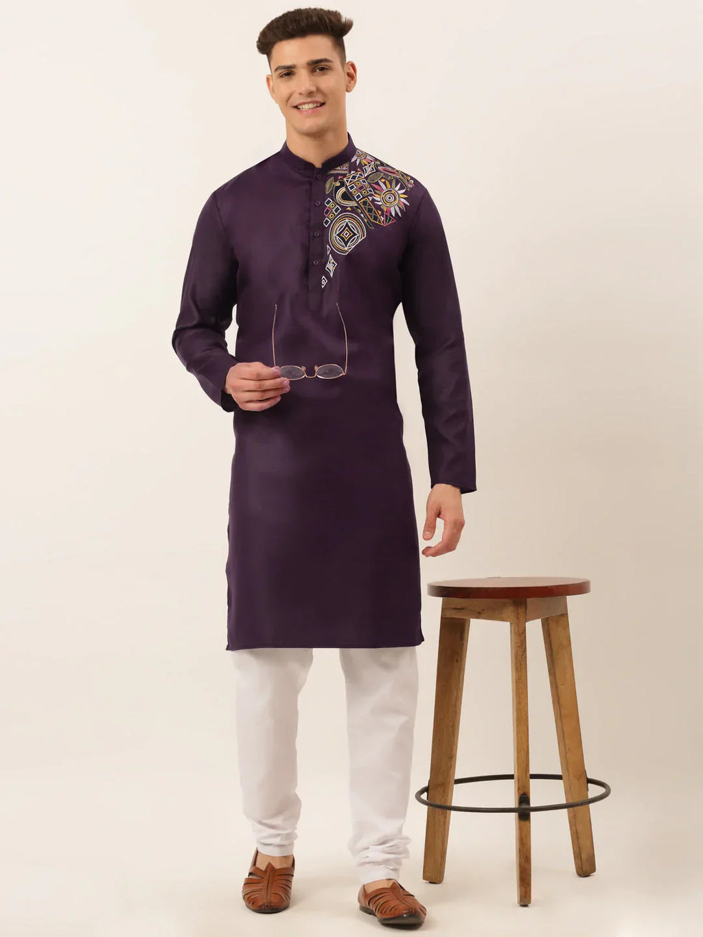 Jompers Men's Cotton Embroidered Kurta Pajama Sets - Purple