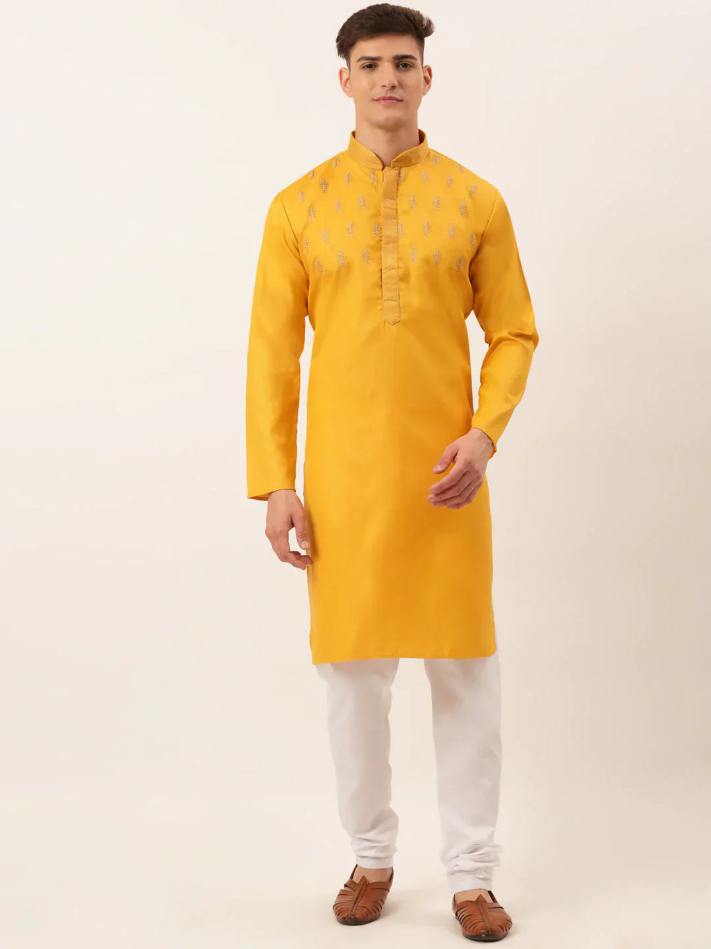 Jompers Men's Cotton Embroidered Kurta Pajama Sets - Mustard