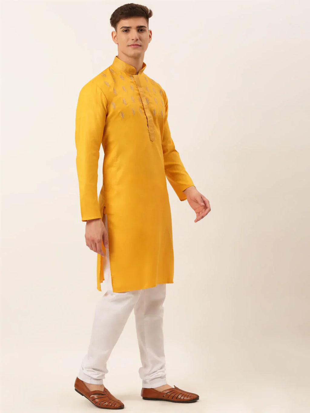 Jompers Men's Cotton Embroidered Kurta Pajama Sets - Mustard