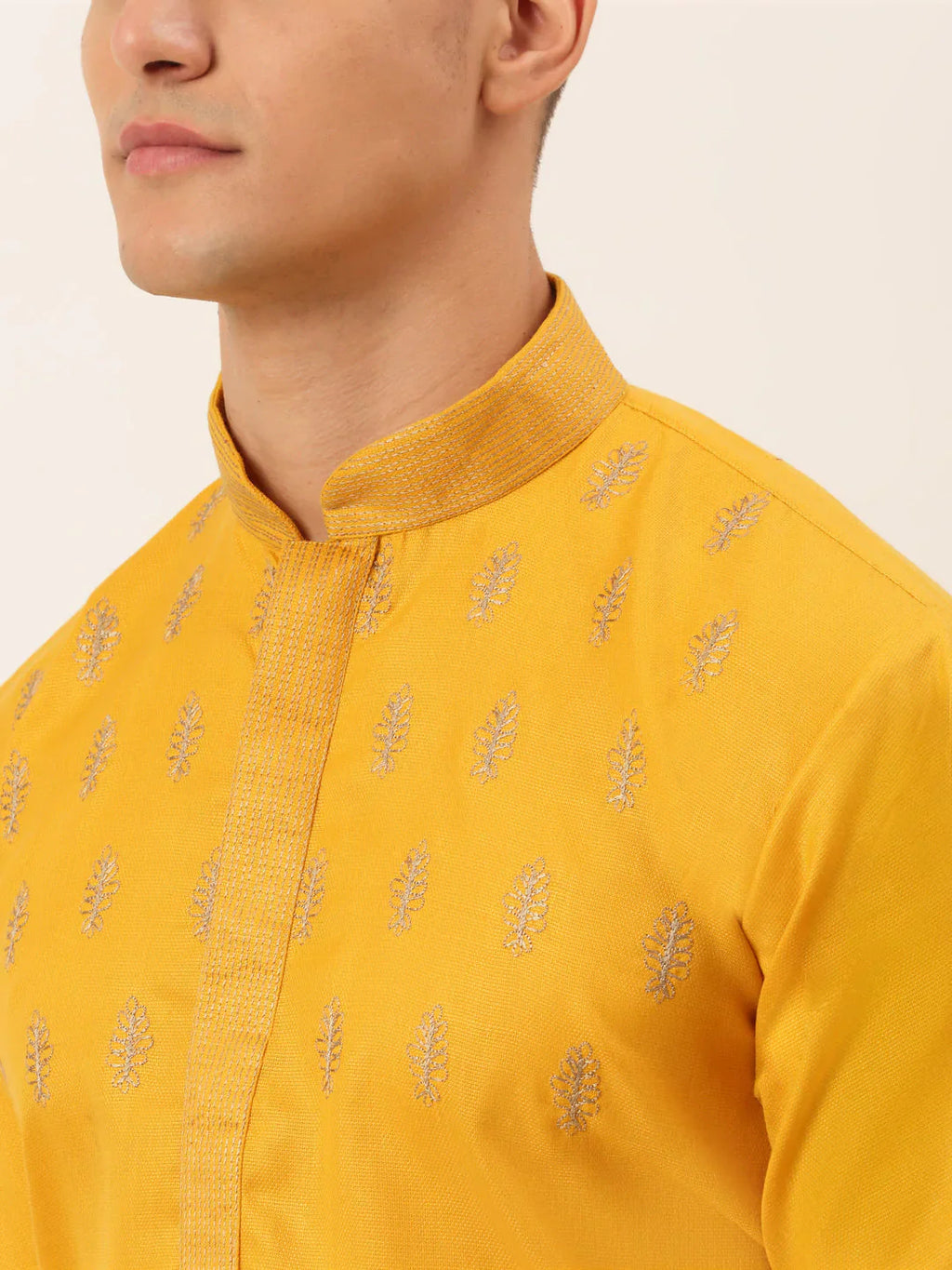 Jompers Men's Cotton Embroidered Kurta Pajama Sets - Mustard