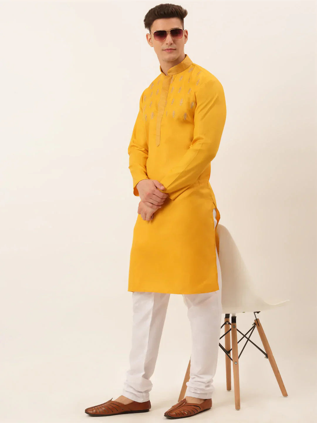 Jompers Men's Cotton Embroidered Kurta Pajama Sets - Mustard