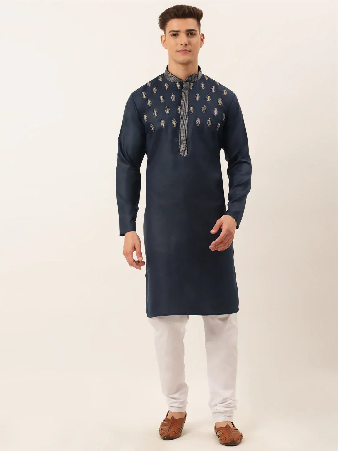 Jompers Men's Cotton Embroidered Kurta Pajama Sets - Navy Blue