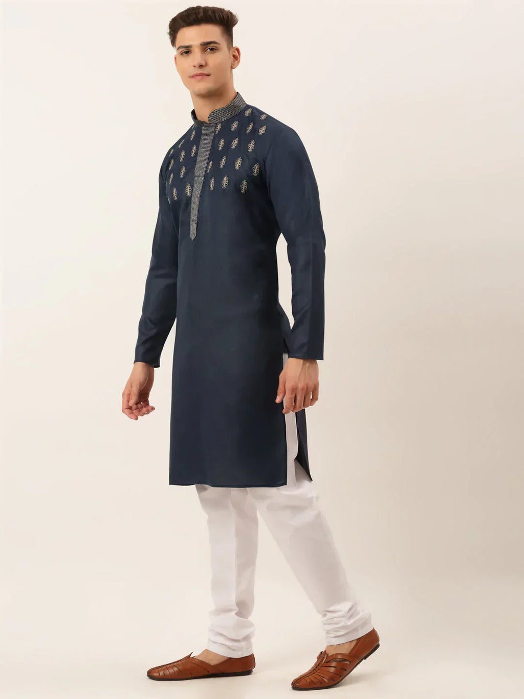 Jompers Men's Cotton Embroidered Kurta Pajama Sets - Navy Blue
