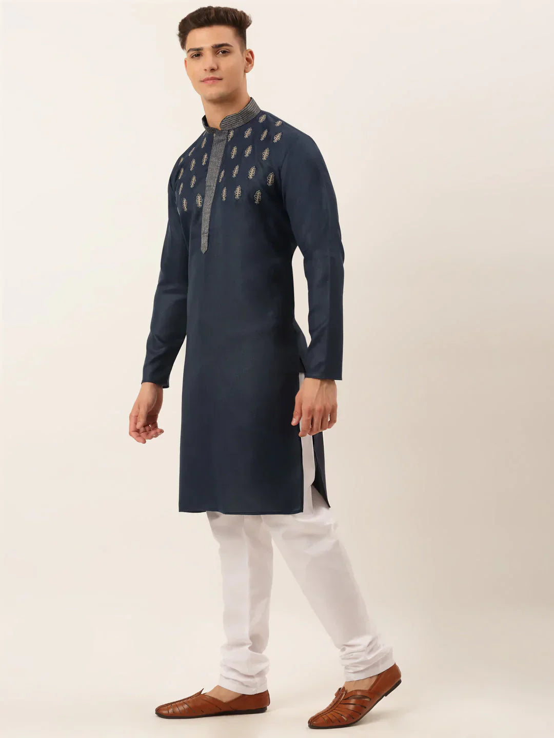 Jompers Men's Cotton Embroidered Kurta Pajama Sets - Navy Blue