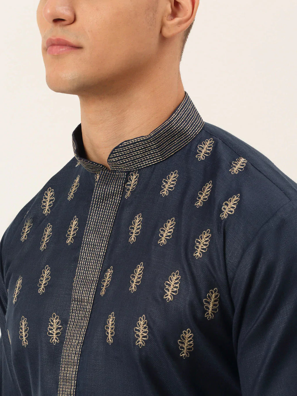 Jompers Men's Cotton Embroidered Kurta Pajama Sets - Navy Blue