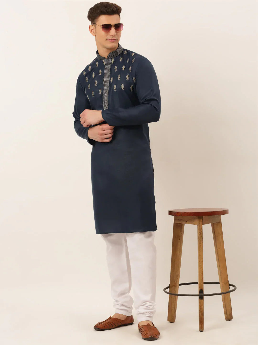 Jompers Men's Cotton Embroidered Kurta Pajama Sets - Navy Blue