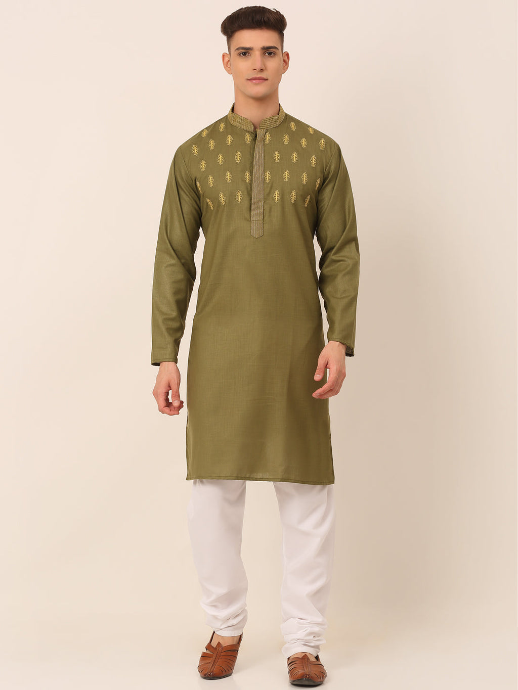 Jompers Men's Olive Green Embroidered Kurta Pajama Sets