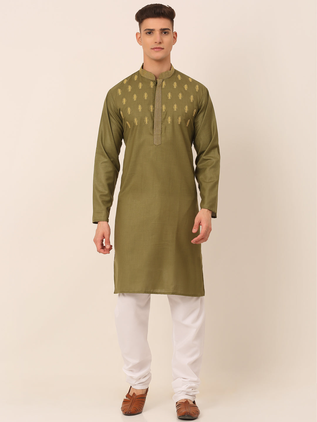 Jompers Men's Olive Green Embroidered Kurta Pajama Sets