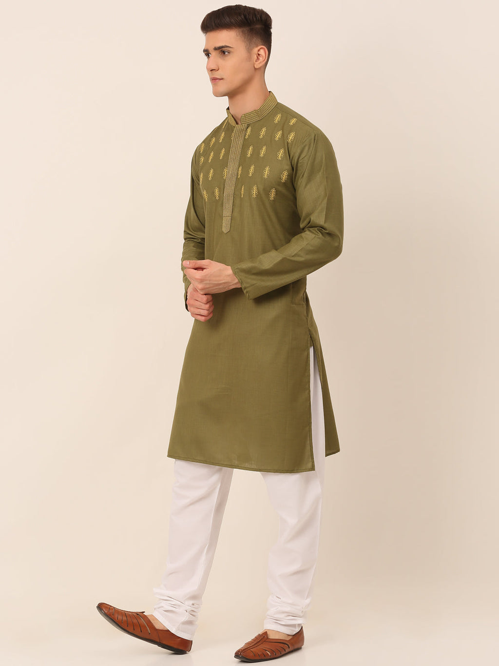 Jompers Men's Olive Green Embroidered Kurta Pajama Sets