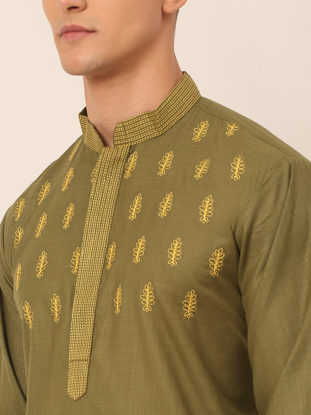 Jompers Men's Olive Green Embroidered Kurta Pajama Sets