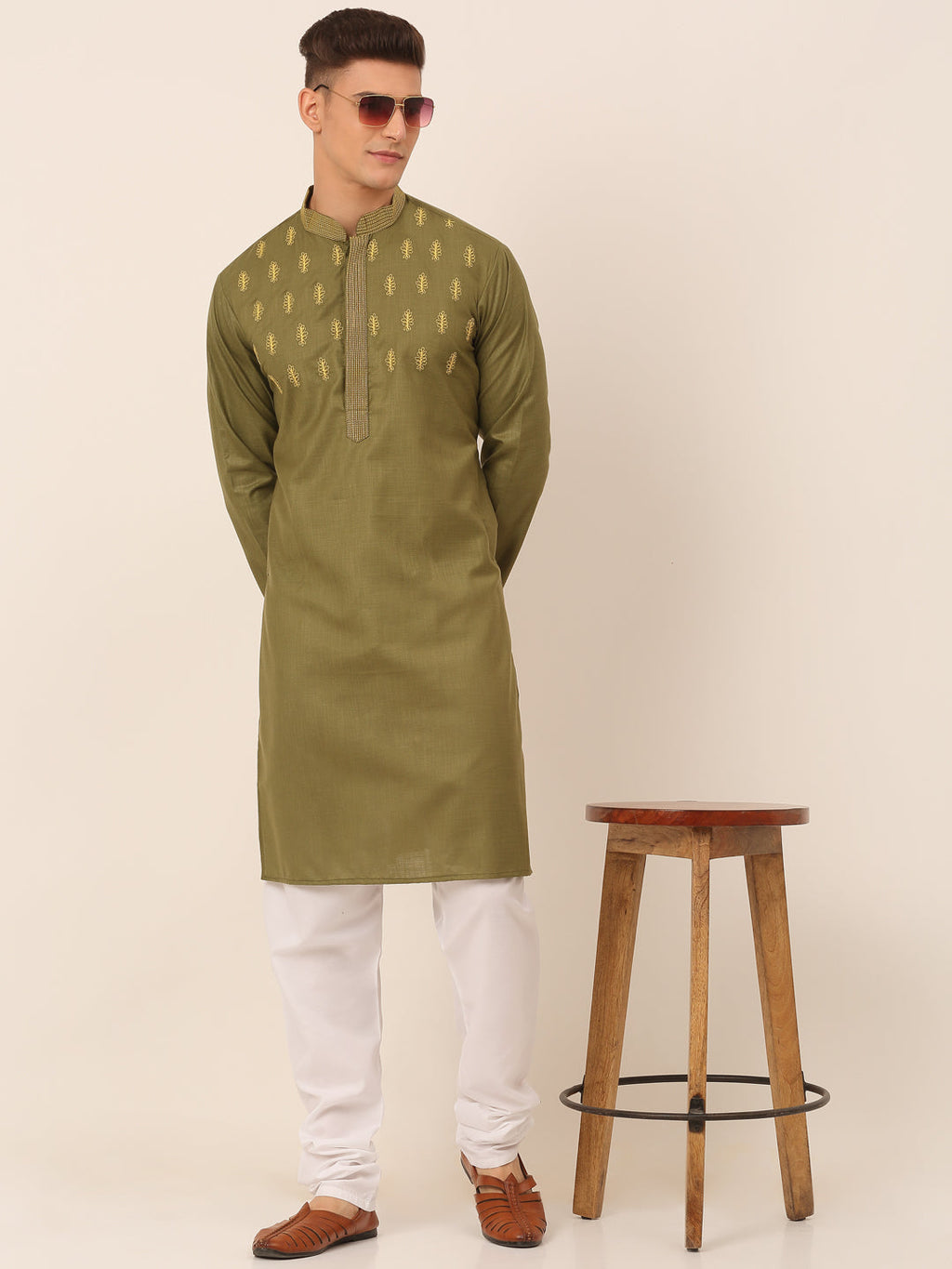 Jompers Men's Olive Green Embroidered Kurta Pajama Sets