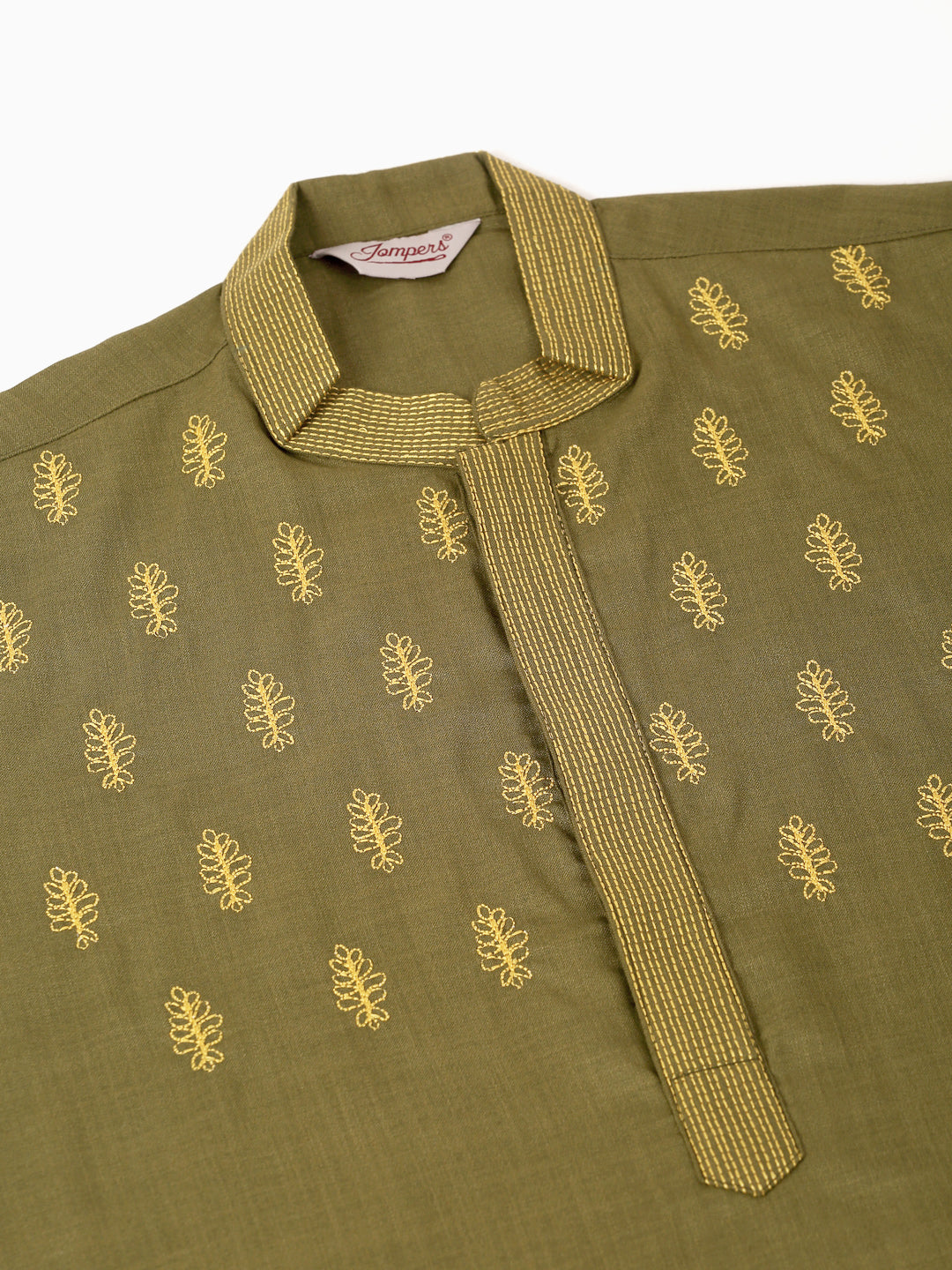 Jompers Men's Olive Green Embroidered Kurta Pajama Sets