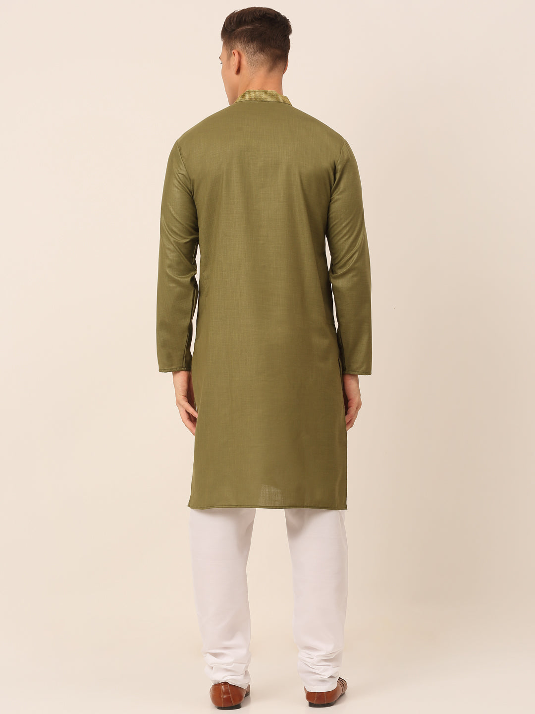 Jompers Men's Olive Green Embroidered Kurta Pajama Sets