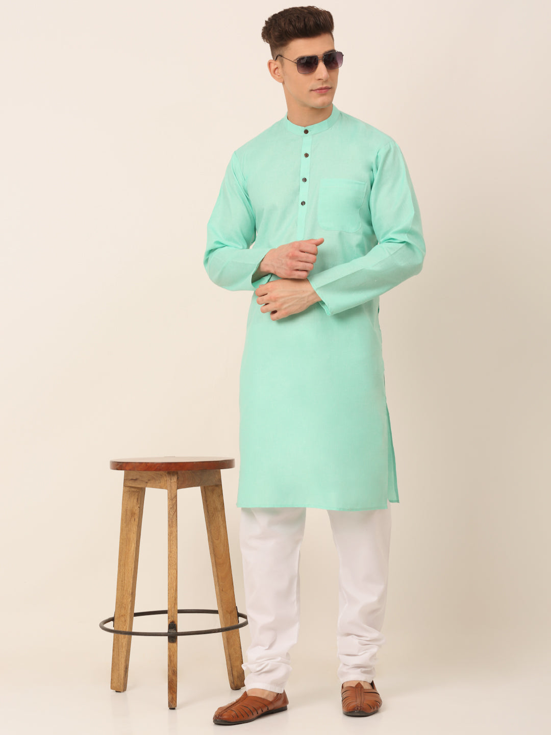 Jompers Men's Cotton Solid Kurta Pajama Sets - Green