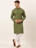 Jompers Men's Cotton Solid Kurta Pajama Set - Olive