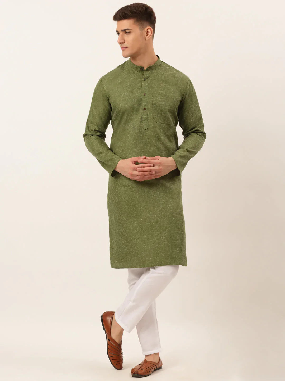 Jompers Men's Cotton Solid Kurta Pajama Set - Olive