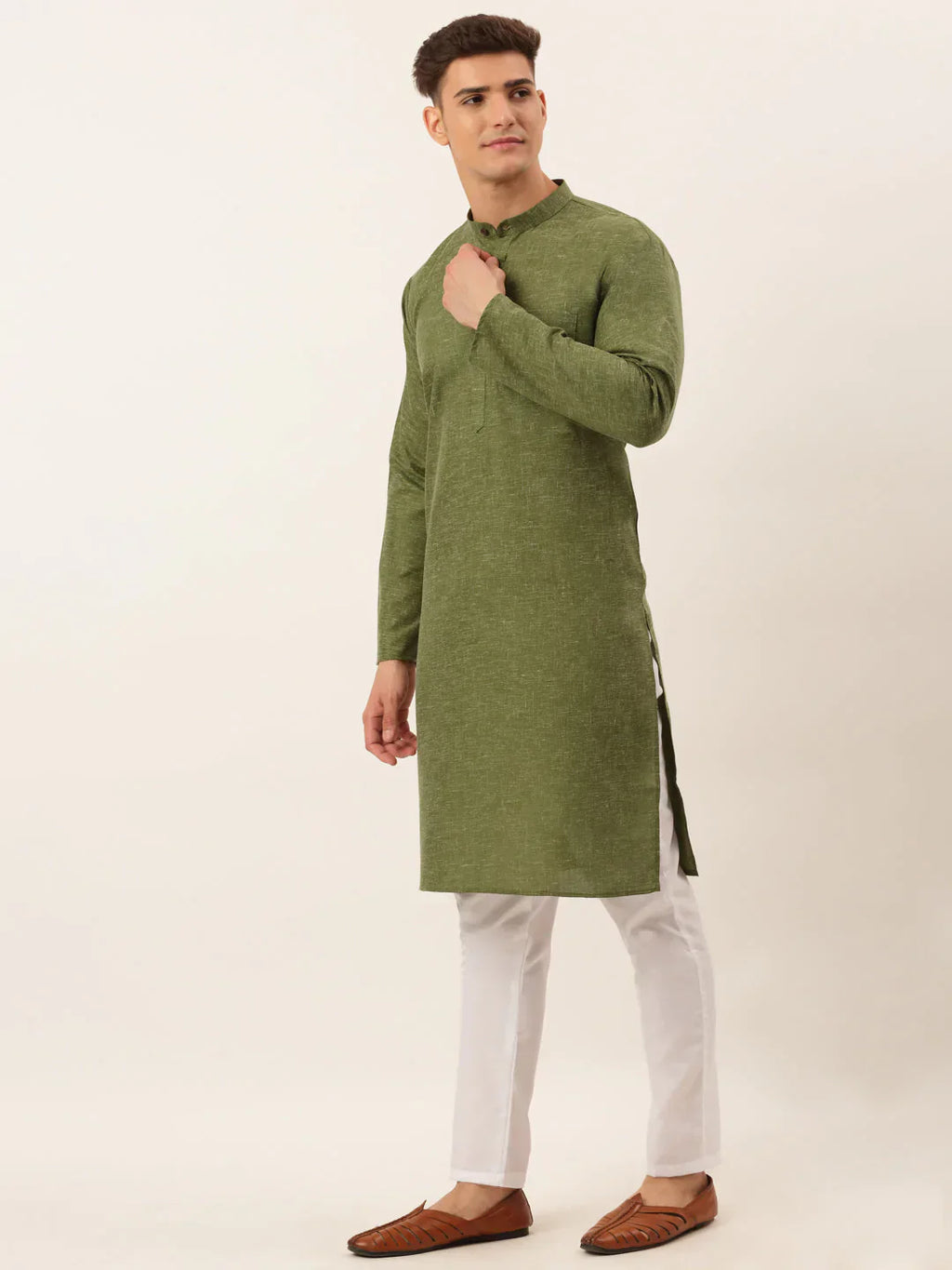 Jompers Men's Cotton Solid Kurta Pajama Set - Olive