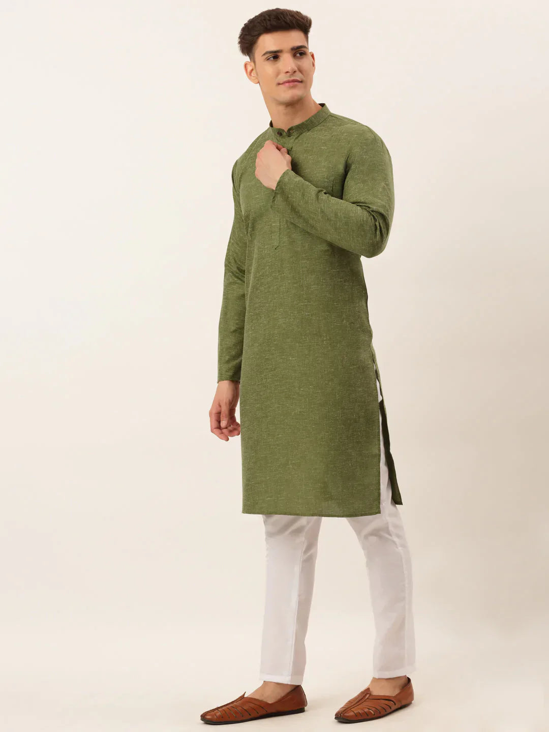 Jompers Men's Cotton Solid Kurta Pajama Set - Olive