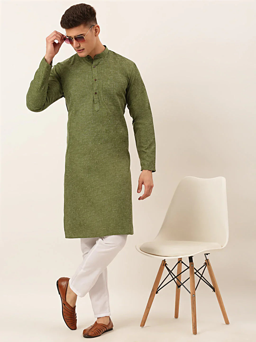 Jompers Men's Cotton Solid Kurta Pajama Set - Olive