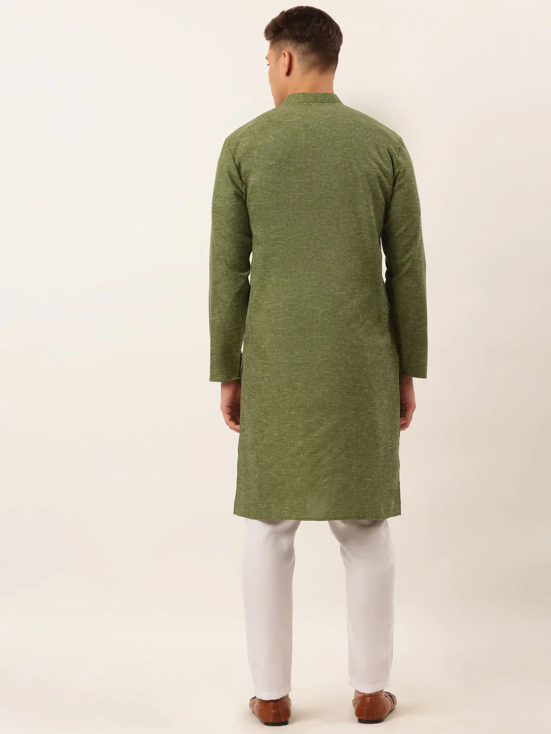 Jompers Men's Cotton Solid Kurta Pajama Set - Olive