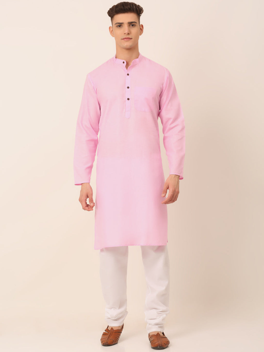Jompers Men's Cotton Solid Kurta Pajama Sets - Pink