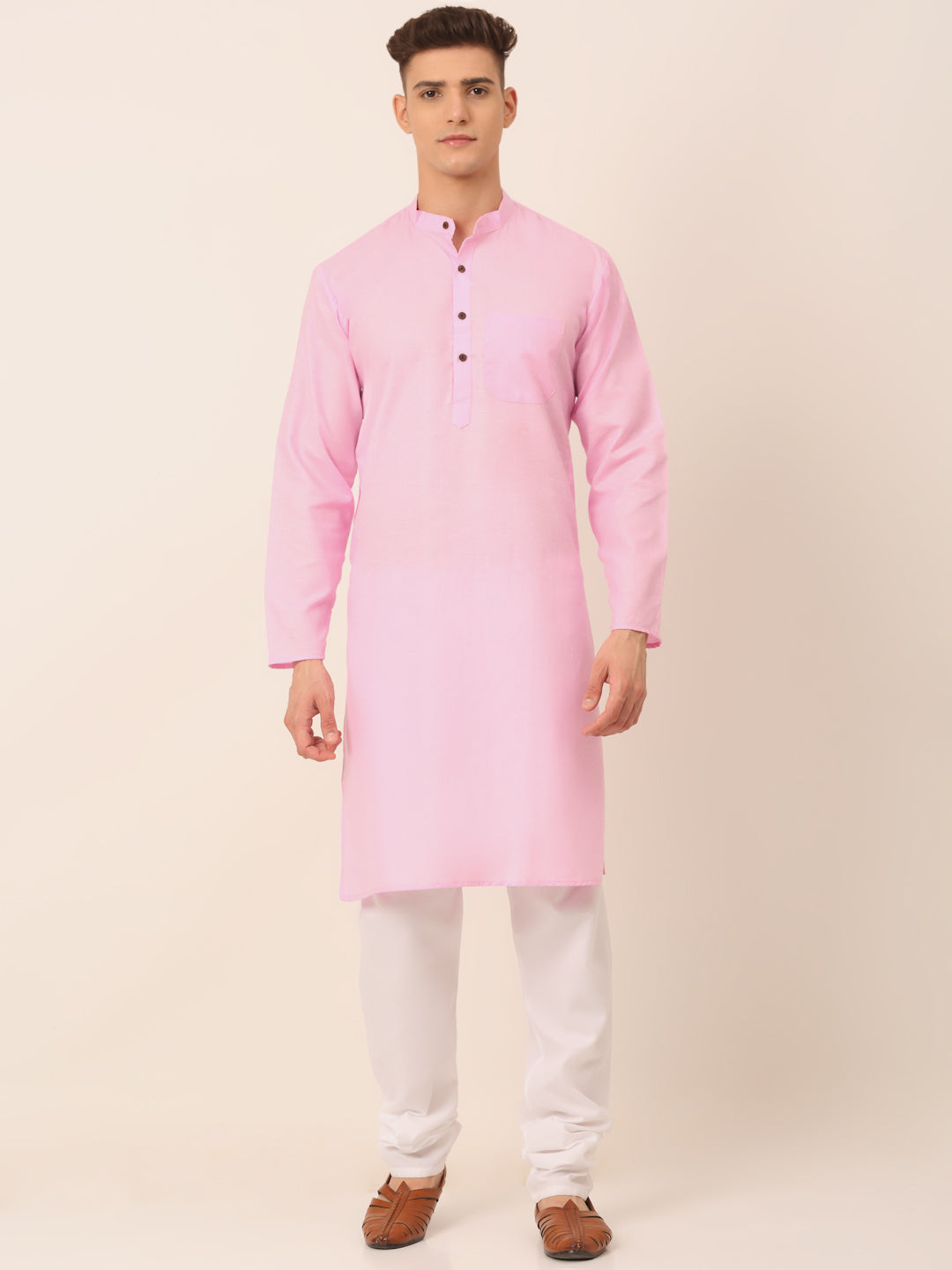 Jompers Men's Cotton Solid Kurta Pajama Sets - Pink