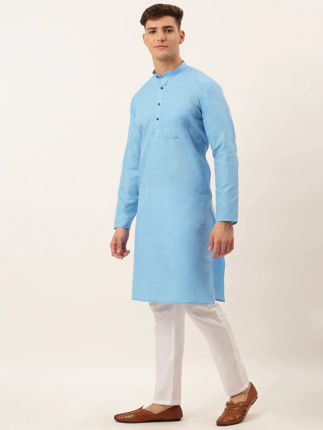 Jompers Men's Cotton Solid Kurta Pajama Set - Sky Blue
