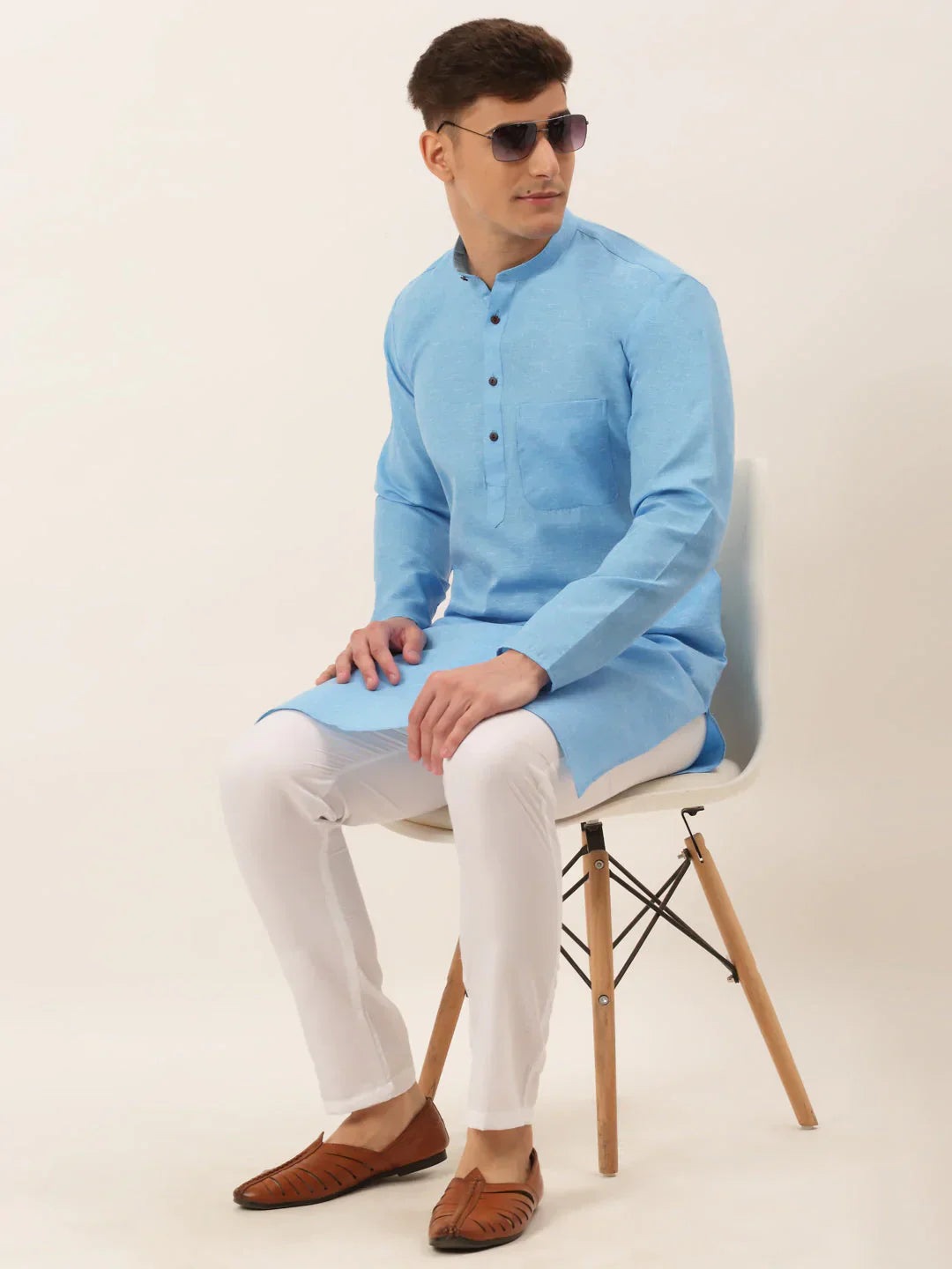Jompers Men's Cotton Solid Kurta Pajama Set - Sky Blue
