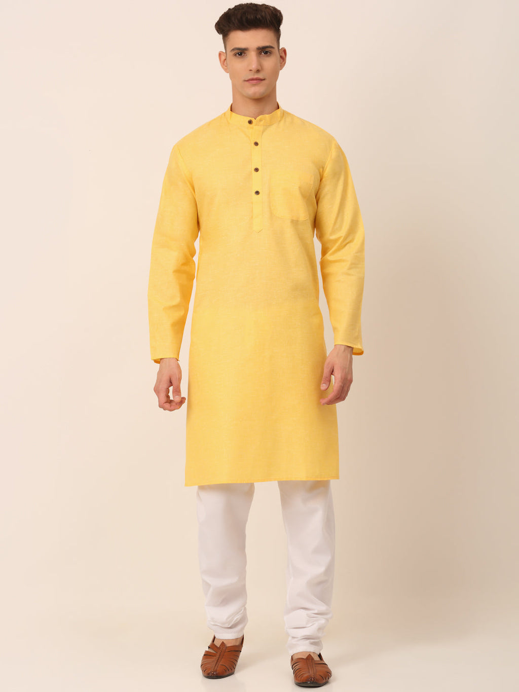 Jompers Men's Cotton Solid Kurta Pajama Sets - Yellow