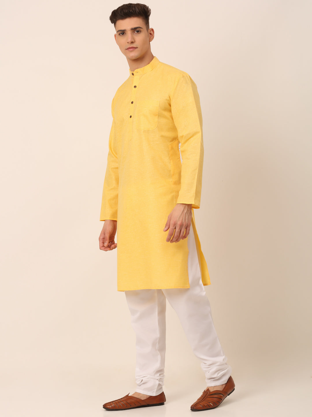 Jompers Men's Cotton Solid Kurta Pajama Sets - Yellow