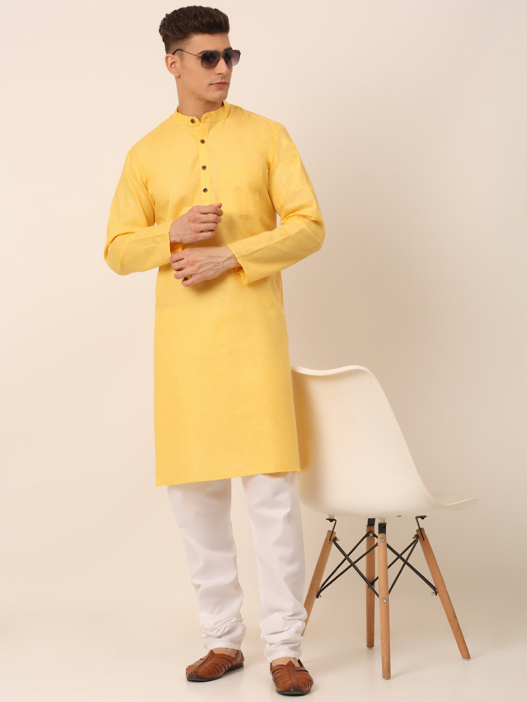 Jompers Men's Cotton Solid Kurta Pajama Sets - Yellow