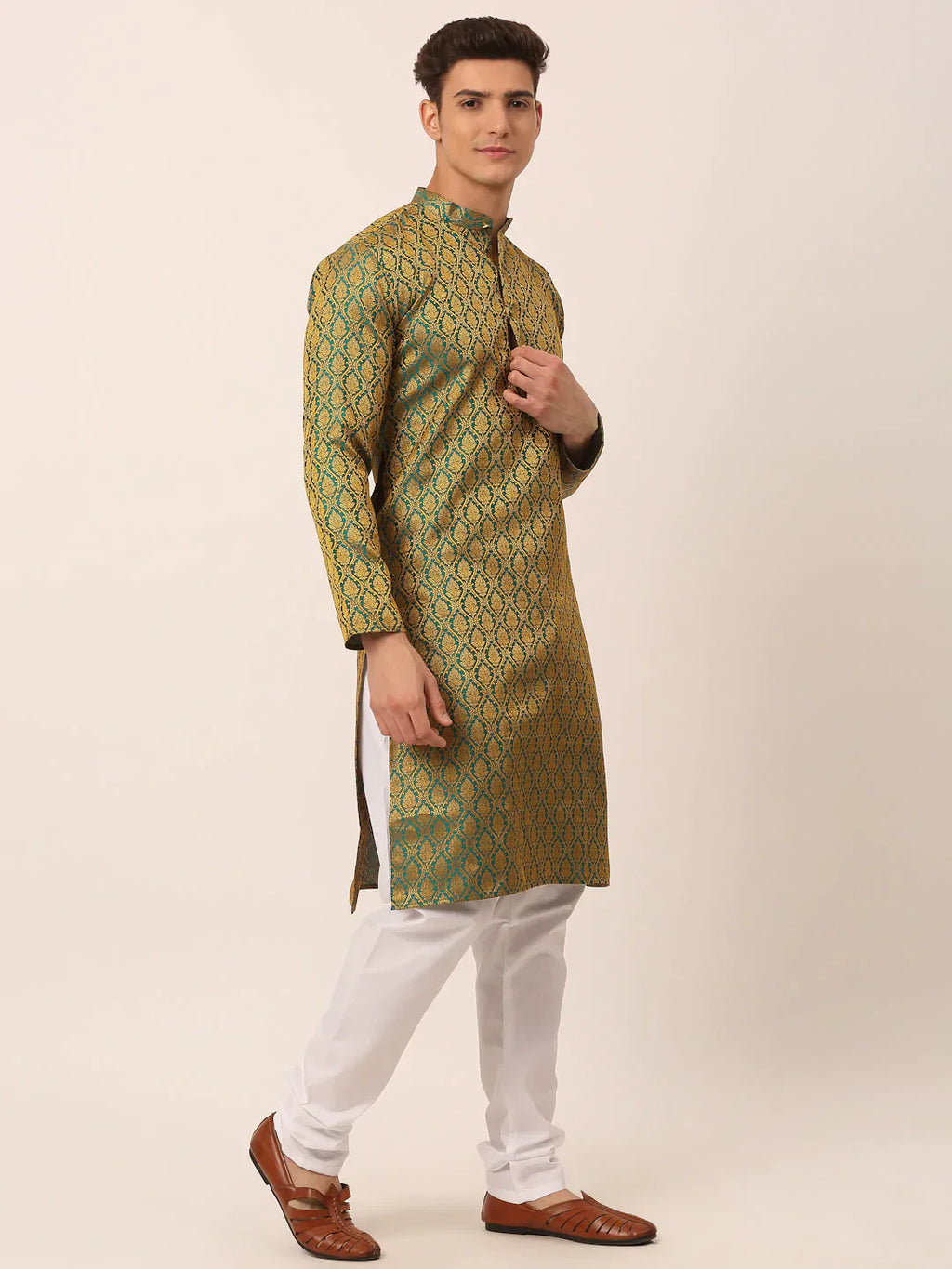 Jompers Men's Woven Design Jacquard Kurta Pyjama - Green